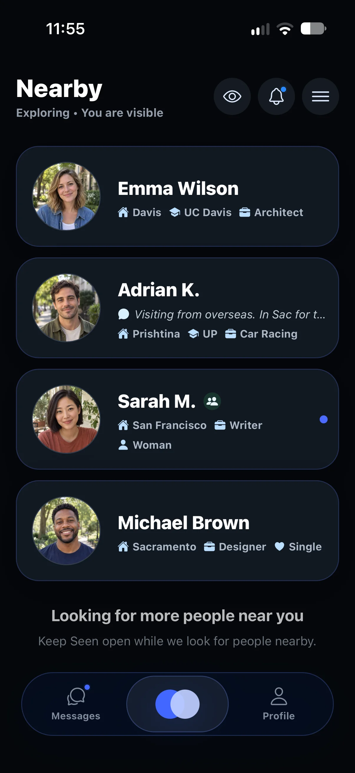 Seen Nearby screen showing Emma Wilson, Adrian K., Sarah M., and Michael Brown
