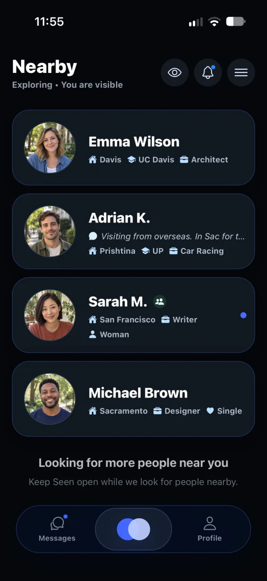 Nearby: discover example Seen profiles around you.