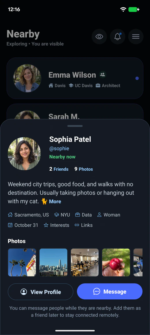 Profile preview: a nearby person’s bio, photos, shared details, and message button.